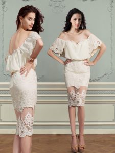 Excellent Champagne Column/Sheath Chiffon and Lace Off The Shoulder Short Sleeves Lace Knee Length Backless Homecoming D
