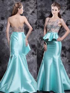 Dramatic Mermaid Aqua Blue Scoop Neckline Appliques Prom Party Dress Sleeveless Zipper
