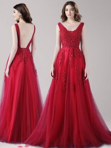High Quality Wine Red Tulle Backless Straps Sleeveless Floor Length Evening Dress Beading and Appliques and Belt