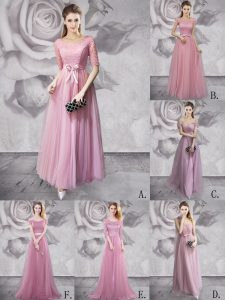 Scoop Half Sleeves Lace and Ruching and Bowknot and Belt and Hand Made Flower Lace Up Prom Party Dress