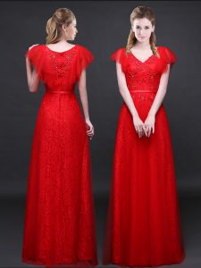 Inexpensive Lace Red Zipper Appliques and Belt Short Sleeves Floor Length