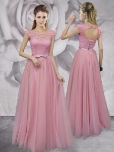 Pink Scoop Lace Up Lace and Ruching and Bowknot Prom Party Dress Cap Sleeves