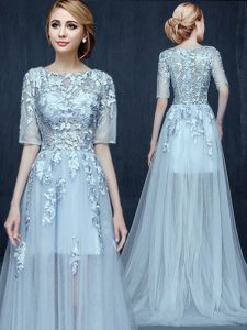Free and Easy Light Blue Prom Evening Gown Prom and For with Appliques Scoop Half Sleeves Brush Train Zipper