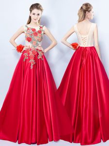 Modest Red A-line Elastic Woven Satin Scoop Sleeveless Appliques Floor Length Lace Up Prom Dress