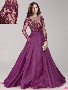 Scoop Dark Purple Long Sleeves With Train Beading Zipper Homecoming Dress
