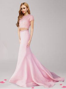 Pink Scoop Neckline Beading Prom Evening Gown Short Sleeves Zipper