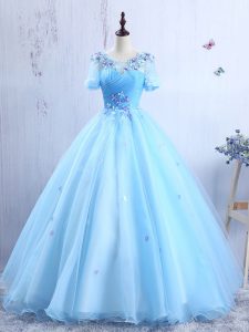 Scoop Baby Blue Short Sleeves Organza Lace Up Prom Party Dress for Prom