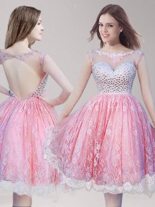 Perfect Scoop Pink And White Sleeveless Lace Backless Prom Gown for Prom and Party