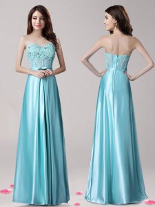 Aqua Blue Prom Party Dress Prom and Party and For with Beading and Appliques and Bowknot Sweetheart Sleeveless Zipper