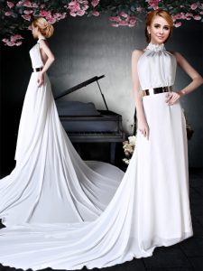 Dramatic Halter Top Backless White Sleeveless Court Train Appliques and Belt With Train Dress for Prom