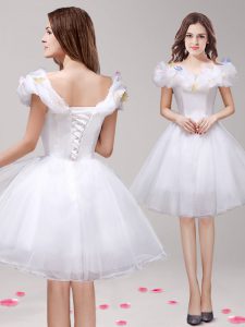 Sumptuous A-line Homecoming Dress White Off The Shoulder Tulle Sleeveless Knee Length Lace Up