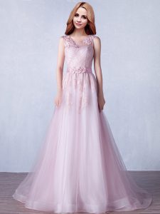 Scoop Sleeveless Prom Dress With Brush Train Appliques and Hand Made Flower Pink Tulle