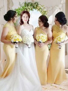 One Shoulder Floor Length Yellow Satin Sleeveless Lace and Belt