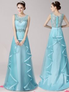 Aqua Blue Empire Scoop Sleeveless Satin and Tulle With Brush Train Zipper Appliques and Ruffles Prom Dresses