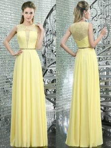 Noble Scoop Sleeveless Floor Length Beading and Lace Side Zipper Homecoming Dress with Yellow