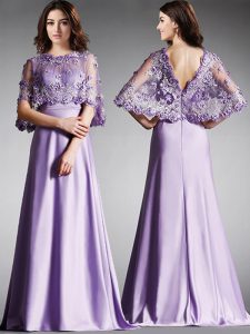 Simple Floor Length Lavender Prom Gown Scoop Half Sleeves Zipper