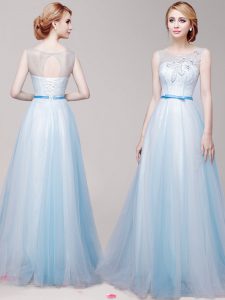 Scoop Light Blue Sleeveless Appliques and Bowknot Floor Length Prom Dresses