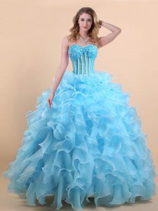 Eye-catching Light Blue A-line Appliques and Ruffles Quinceanera Dress Lace Up Organza Sleeveless Floor Length