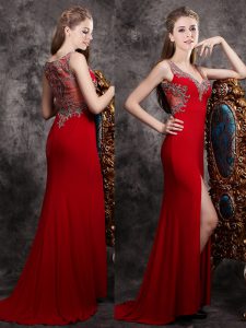 Chiffon Sleeveless Brush Train Zipper Appliques Dress for Prom in Red