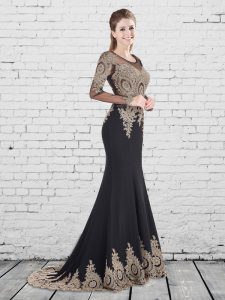 Mermaid Scoop Long Sleeves Elastic Woven Satin With Brush Train Lace Up Evening Dress in Black with Appliques
