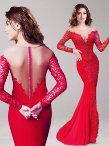 High Quality Mermaid Red Clasp Handle Scoop Lace Prom Dresses Elastic Woven Satin Long Sleeves Brush Train