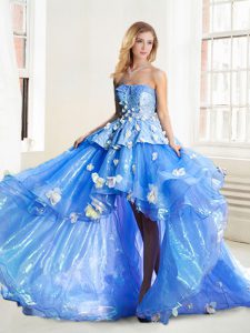 Strapless Sleeveless Lace Up Ball Gown Prom Dress Blue Organza