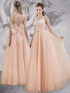 Floor Length Peach Prom Party Dress Straps Sleeveless Lace Up