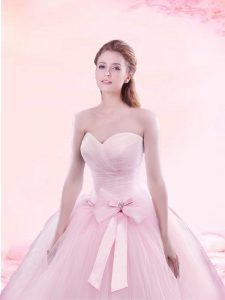 Fitting Baby Pink Sweetheart Neckline Ruching and Bowknot Sweet 16 Quinceanera Dress Sleeveless Lace Up