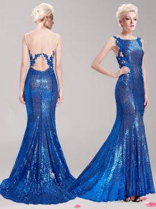 Mermaid Clasp Handle Square Sleeveless Prom Party Dress With Brush Train Appliques and Sequins Blue Sequined