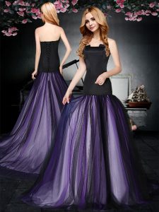 Dramatic Black and Purple Strapless Neckline Ruching Prom Dress Sleeveless Lace Up