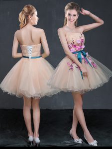 Custom Fit Peach Organza Lace Up Evening Dress Sleeveless Mini Length Appliques and Belt