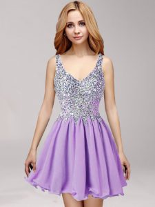Edgy Straps Sleeveless Mini Length Beading and Ruffles Side Zipper Prom Evening Gown with Lavender