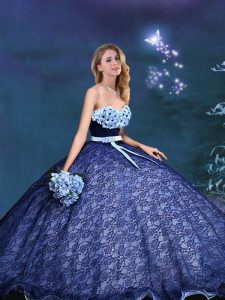 Royal Blue Lace Lace Up Sweetheart Sleeveless Quinceanera Gowns Appliques and Bowknot
