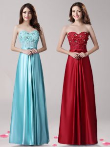 Comfortable Floor Length Aqua Blue Prom Party Dress Elastic Woven Satin Sleeveless Beading and Appliques and Bowknot