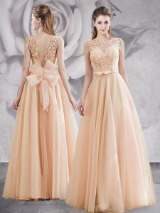 Champagne Sleeveless Tulle Lace Up Dress for Prom for Prom and Party