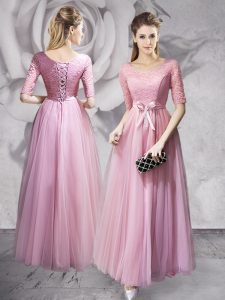 Pink Empire Scoop Half Sleeves Tulle Floor Length Lace Up Lace and Ruching and Bowknot Evening Dress