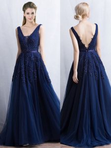 Navy Blue A-line Tulle V-neck Sleeveless Appliques and Belt With Train Backless Prom Party Dress Brush Train