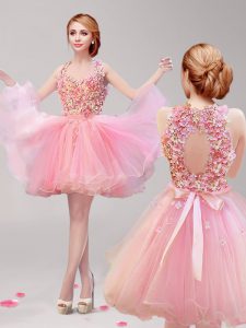 Beauteous Pink Tulle Backless Halter Top Sleeveless Mini Length Prom Party Dress Ruffles and Hand Made Flower
