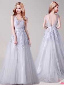 Vintage Silver A-line Tulle V-neck Sleeveless Appliques and Belt Floor Length Backless Prom Evening Gown