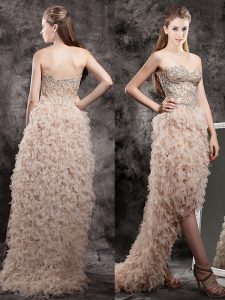 Noble Sleeveless Tulle High Low Zipper in Champagne with Appliques and Ruffles