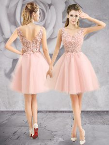 Lovely Baby Pink Zipper Prom Dress Appliques Sleeveless Mini Length