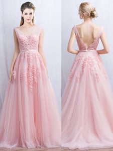 Brush Train A-line Prom Dresses Baby Pink V-neck Tulle Sleeveless With Train Backless
