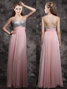 Baby Pink Empire Chiffon V-neck Sleeveless Beading and Sequins Floor Length Zipper Prom Dress