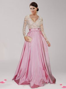 Pink And White Long Sleeves Taffeta Zipper Prom Evening Gown for Prom