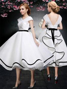Fashion White Cap Sleeves Tea Length Lace Zipper Prom Party Dress