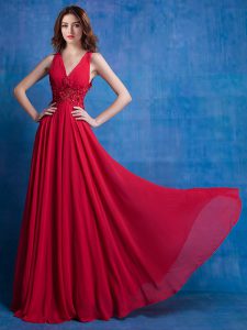 Beauteous Red Empire Appliques Prom Dress Backless Chiffon Sleeveless Floor Length