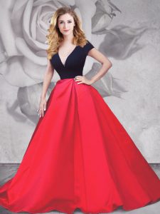 Fantastic V-neck Short Sleeves With Brush Train Ruching Red And Black Satin and Tulle