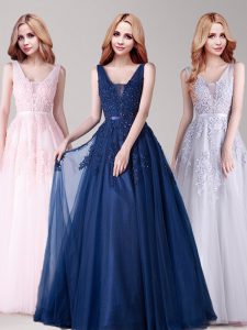 Tulle V-neck Sleeveless Backless Appliques and Belt Dress for Prom in Baby Pink