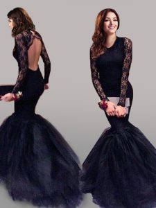 Dazzling Mermaid Scoop Backless Navy Blue Long Sleeves Brush Train Lace With Train Evening Dress