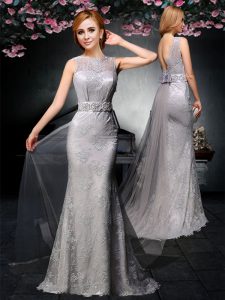 Captivating Lace With Train Grey Prom Gown Bateau Sleeveless Watteau Train Backless